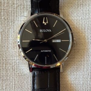 Bulova American Clipper Silver and Black Watch with Leather Strap
